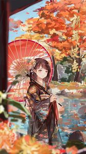 Preview wallpaper girl, umbrella, anime, kimono, garden, autumn