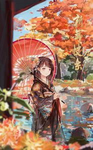 Preview wallpaper girl, umbrella, anime, kimono, garden, autumn