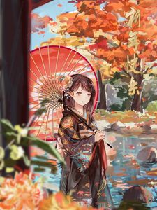 Preview wallpaper girl, umbrella, anime, kimono, garden, autumn