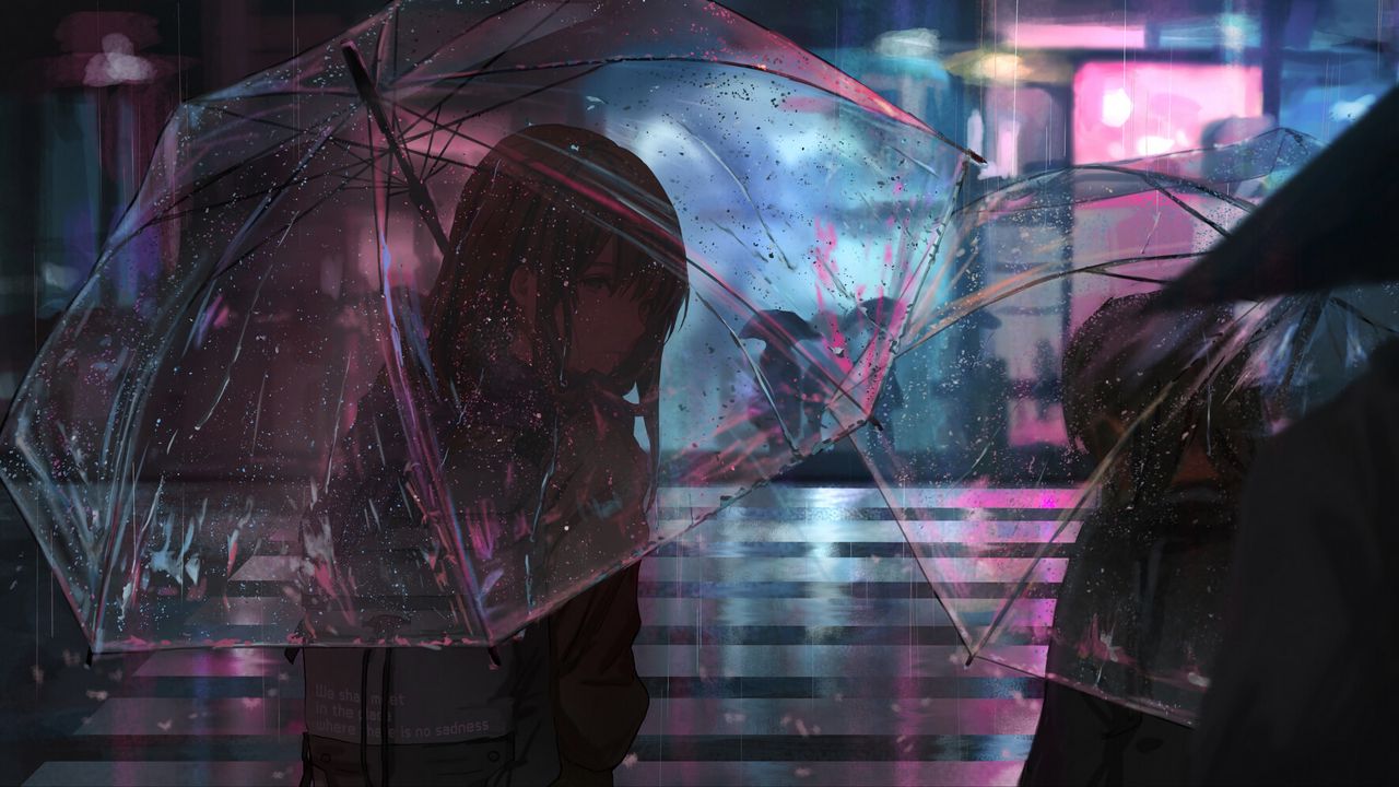 Wallpaper girl, umbrella, anime, rain, street, night