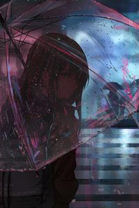 Preview wallpaper girl, umbrella, anime, rain, street, night
