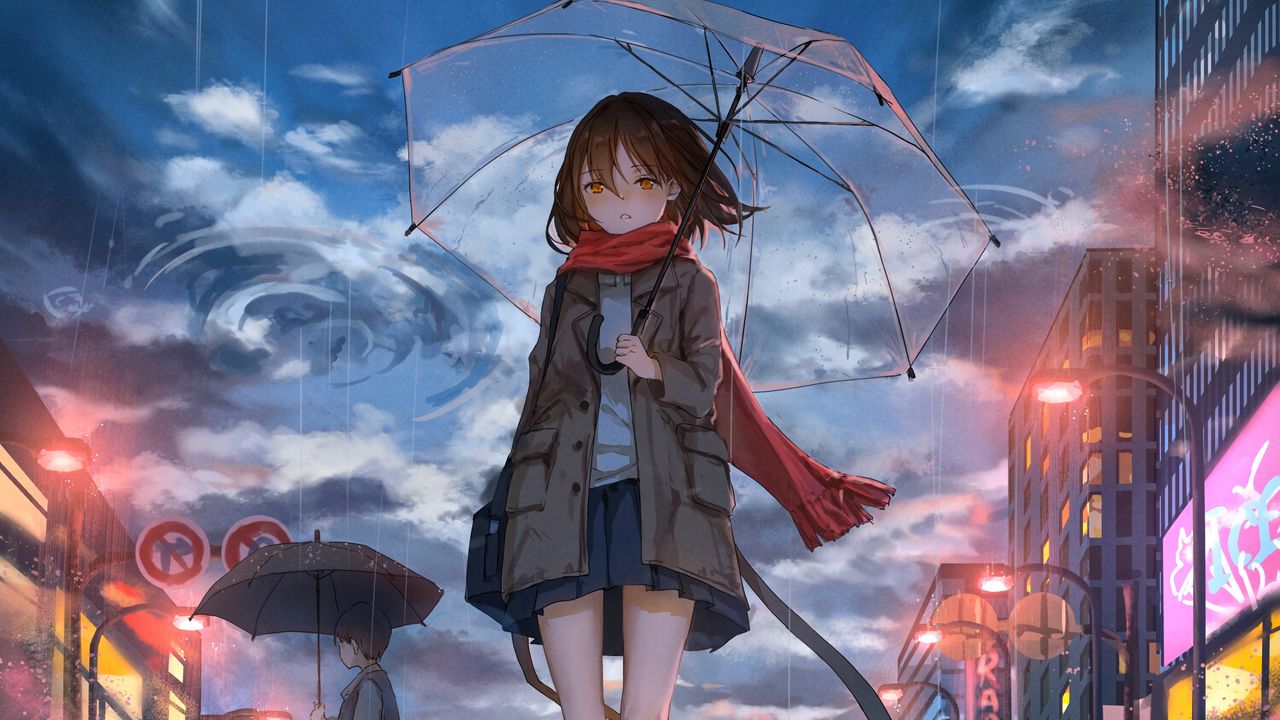 Wallpaper girl, umbrella, anime, rain, sadness