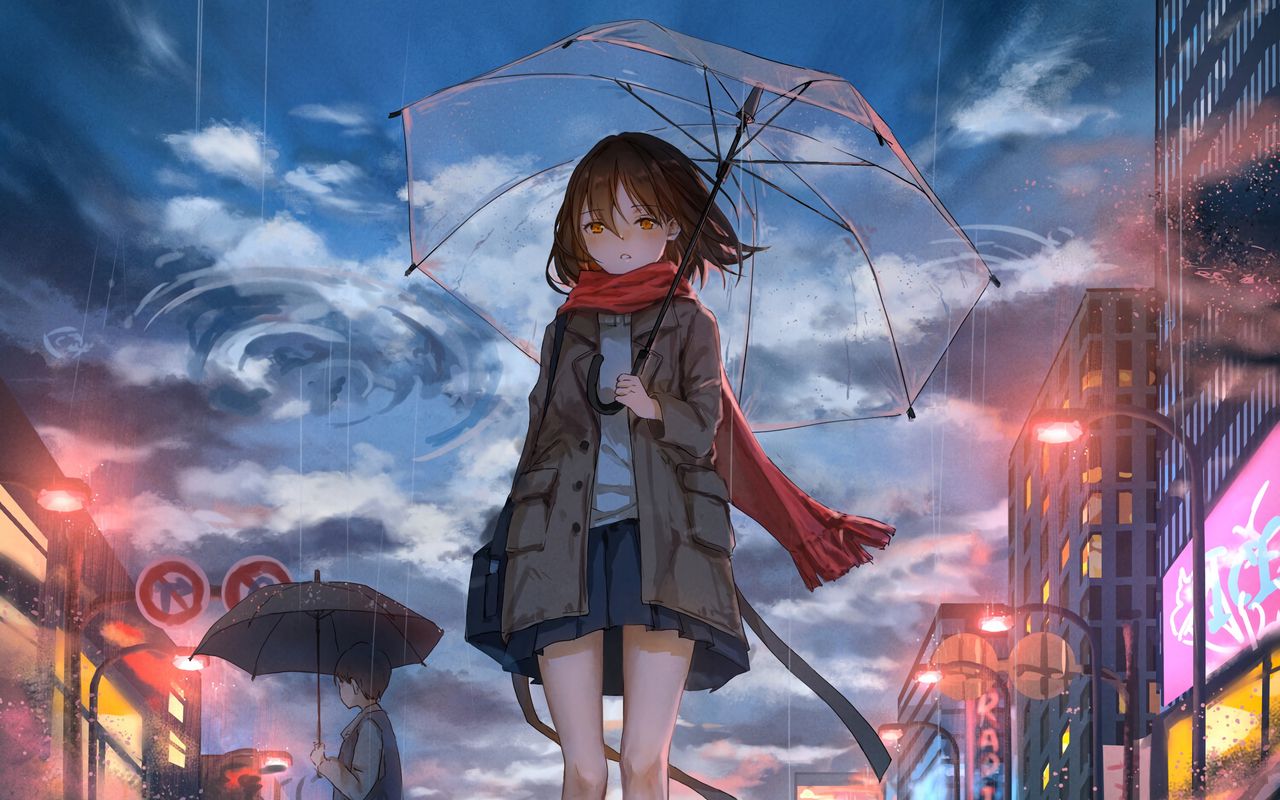 Download wallpaper 1280x800 girl, umbrella, anime, rain, sadness widescreen  16:10 hd background