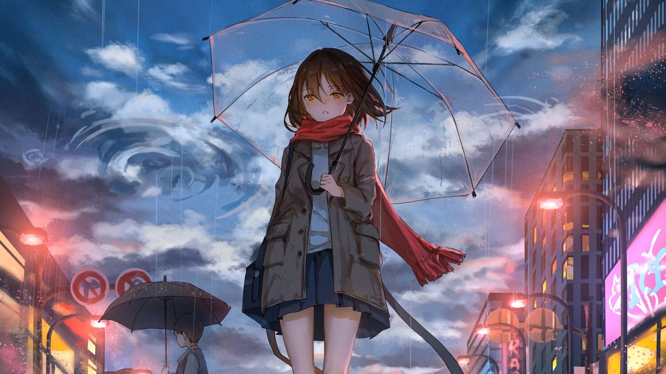 Download wallpaper 1366x768 girl, umbrella, anime, rain, sadness tablet,  laptop hd background