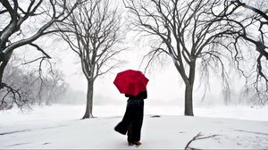 Preview wallpaper girl, umbrella, cherry, snow, japan