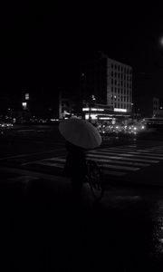 Preview wallpaper girl, umbrella, city, street, road, night, black and white