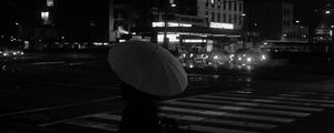 Preview wallpaper girl, umbrella, city, street, road, night, black and white