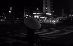 Preview wallpaper girl, umbrella, city, street, road, night, black and white
