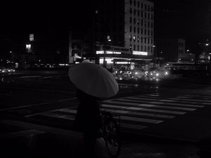 Preview wallpaper girl, umbrella, city, street, road, night, black and white