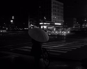 Preview wallpaper girl, umbrella, city, street, road, night, black and white