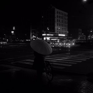 Preview wallpaper girl, umbrella, city, street, road, night, black and white