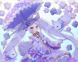 Preview wallpaper girl, umbrella, dress, anime, art, cartoon