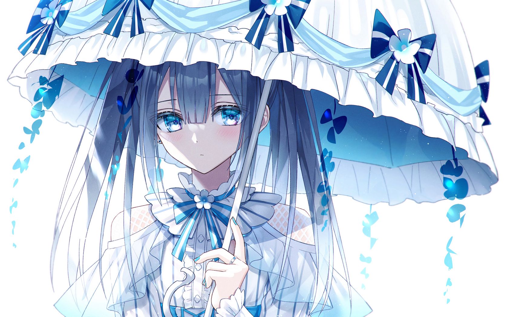 Download wallpaper 1680x1050 girl, umbrella, dress, anime, art, blue