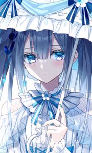 Preview wallpaper girl, umbrella, dress, anime, art, blue