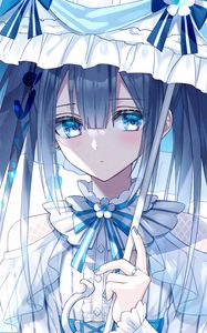 Preview wallpaper girl, umbrella, dress, anime, art, blue