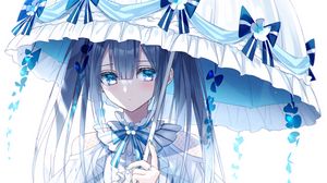 Preview wallpaper girl, umbrella, dress, anime, art, blue