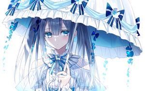 Preview wallpaper girl, umbrella, dress, anime, art, blue