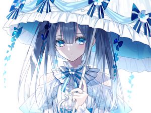 Preview wallpaper girl, umbrella, dress, anime, art, blue