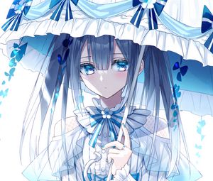 Preview wallpaper girl, umbrella, dress, anime, art, blue