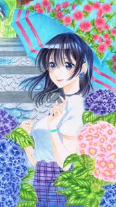 Preview wallpaper girl, umbrella, flowers, anime