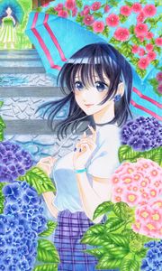 Preview wallpaper girl, umbrella, flowers, anime