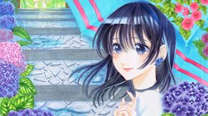 Preview wallpaper girl, umbrella, flowers, anime