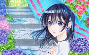 Preview wallpaper girl, umbrella, flowers, anime