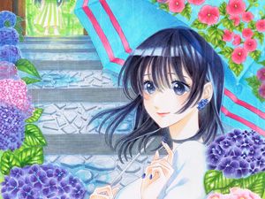 Preview wallpaper girl, umbrella, flowers, anime