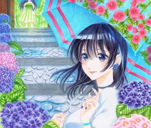 Preview wallpaper girl, umbrella, flowers, anime