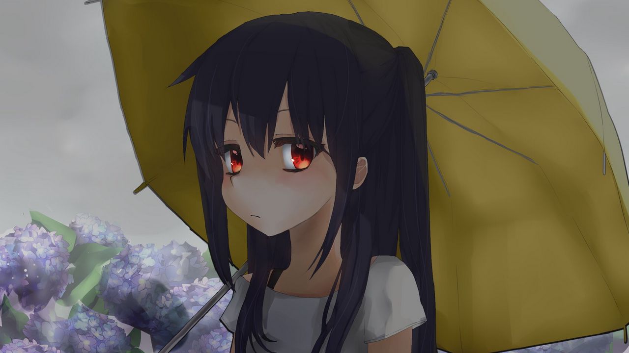 Wallpaper girl, umbrella, hydrangea, garden, anime, art