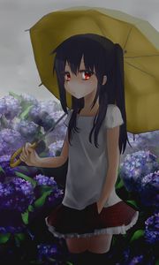 Preview wallpaper girl, umbrella, hydrangea, garden, anime, art