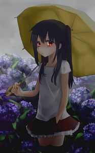 Preview wallpaper girl, umbrella, hydrangea, garden, anime, art