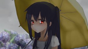 Preview wallpaper girl, umbrella, hydrangea, garden, anime, art