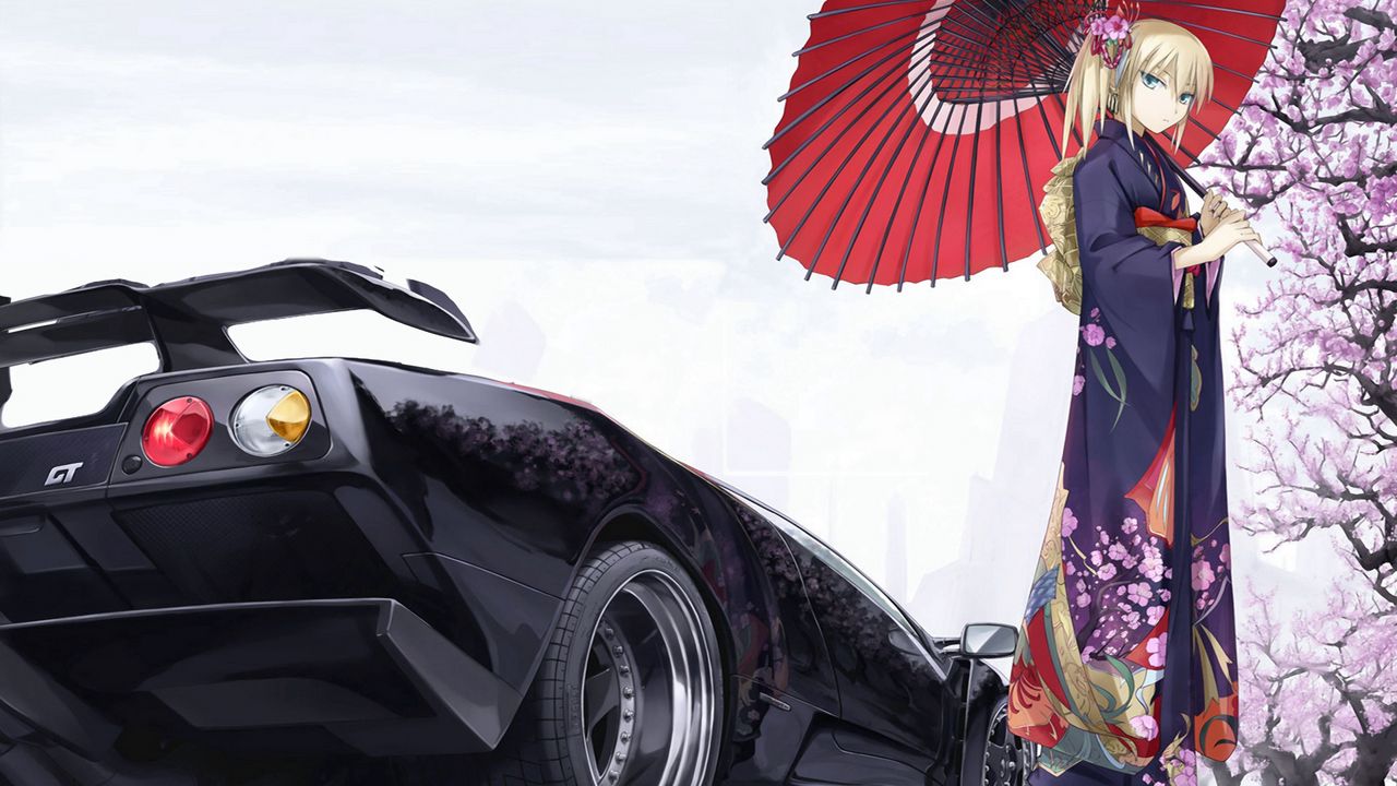 Wallpaper girl, umbrella, kimono, sakura, car, classic, spring, style
