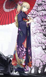 Preview wallpaper girl, umbrella, kimono, sakura, car, classic, spring, style