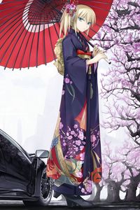 Preview wallpaper girl, umbrella, kimono, sakura, car, classic, spring, style