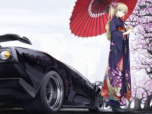 Preview wallpaper girl, umbrella, kimono, sakura, car, classic, spring, style