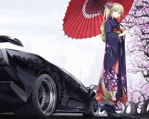 Preview wallpaper girl, umbrella, kimono, sakura, car, classic, spring, style