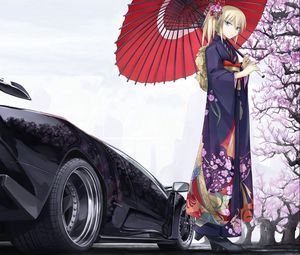 Preview wallpaper girl, umbrella, kimono, sakura, car, classic, spring, style