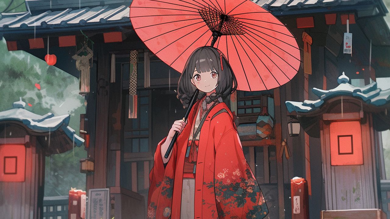 Wallpaper girl, umbrella, kimono, red, anime