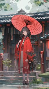 Preview wallpaper girl, umbrella, kimono, red, anime