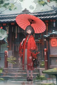 Preview wallpaper girl, umbrella, kimono, red, anime