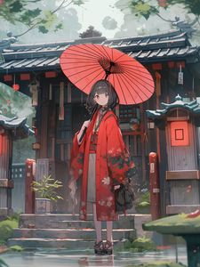 Preview wallpaper girl, umbrella, kimono, red, anime
