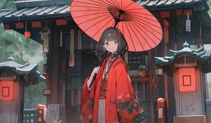Preview wallpaper girl, umbrella, kimono, red, anime