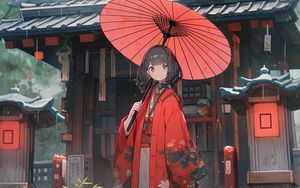 Preview wallpaper girl, umbrella, kimono, red, anime