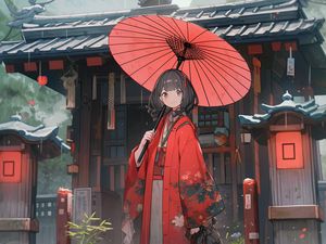 Preview wallpaper girl, umbrella, kimono, red, anime