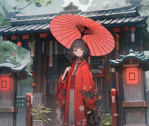 Preview wallpaper girl, umbrella, kimono, red, anime