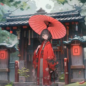 Preview wallpaper girl, umbrella, kimono, red, anime