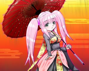 Preview wallpaper girl, umbrella, kimono, anime