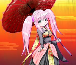 Preview wallpaper girl, umbrella, kimono, anime